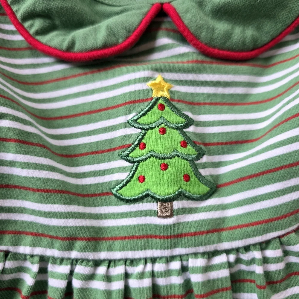 Abby & Evie Boutique Green Striped Holiday Christmas Dress Tree Embroidery